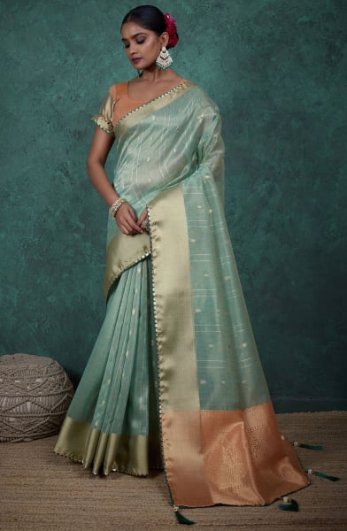 Mint Blue Zari Woven Linen Blend Saree