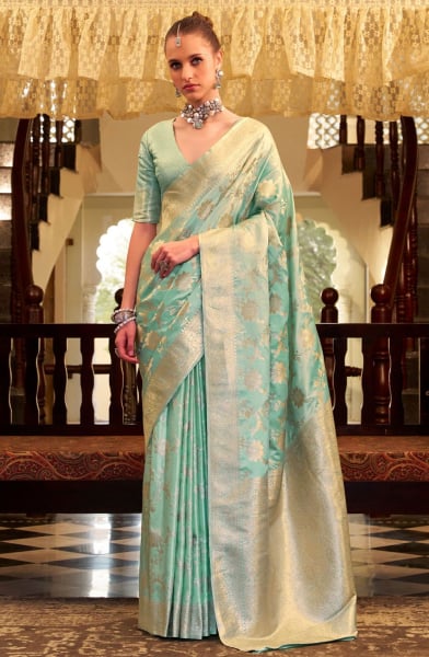 Mint Blue Zari Woven Satin Silk Saree