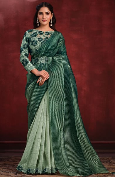 Mint Green and Moss Green Banarasi Crush Silk Designer Saree