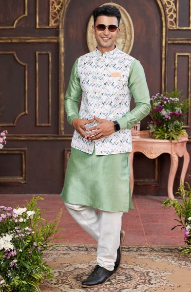 Mint Green Art Banarasi Silk Kurta Set with Jacket