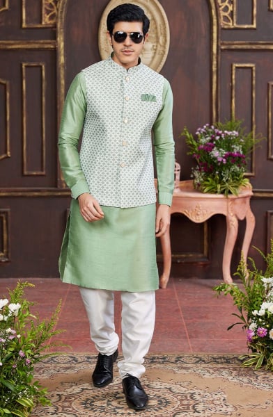 Mint Green Art Banarasi Silk Kurta Set with Jacket