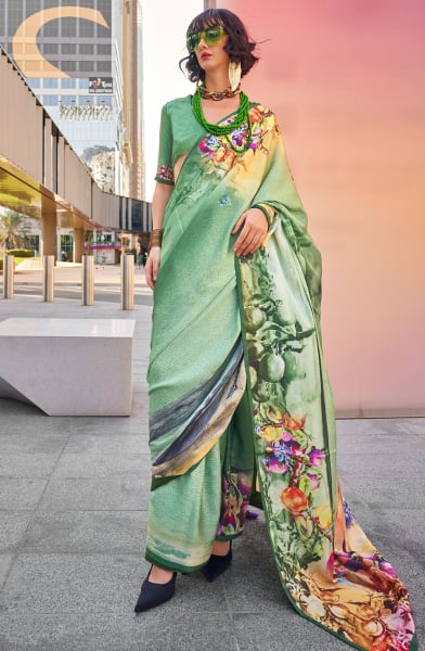 Mint Green Digital Print Swiss Satin Saree