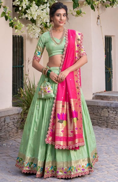 Mint Green Embroidered Jacquard Silk Lehenga Choli