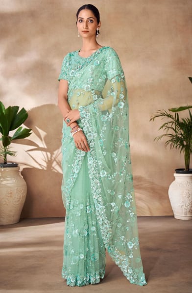 Mint Green Embroidered Net Designer Saree