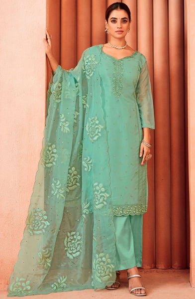 Mint Green Embroidered Organza Pant Kameez