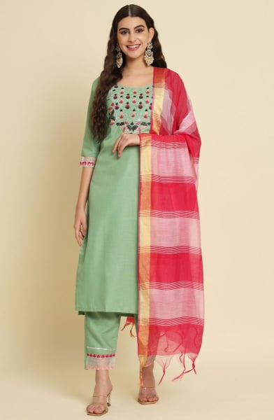 Mint Green Embroidered Silk Blend Readymade Suit