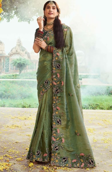 Mint Green Embroidered Silk Designer Saree