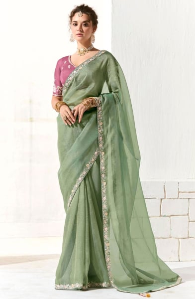 Mint Green Embroidered Tissue Designer Saree