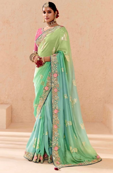 Mint Green Embroidered Viscose Bemberg Designer Saree