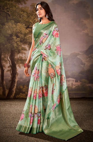 Mint Green Floral Print Cotton Silk Saree