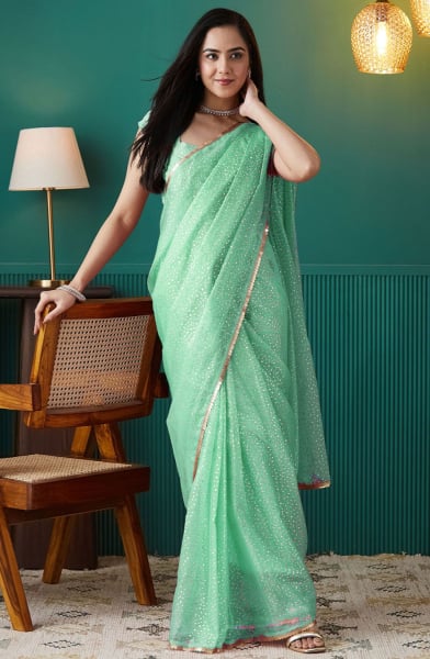 Mint Green Foil Print Organza Ready to Wear Saree