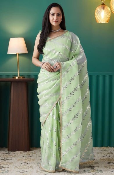 Mint Green Foil Print Organza Ready to Wear Saree