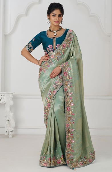 Mint Green Handwork Pure Viscose Silk Designer Saree