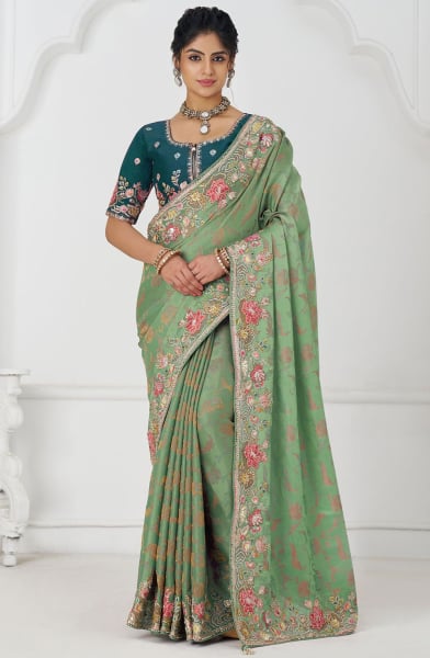 Mint Green Handwork Pure Viscose Silk Designer Saree