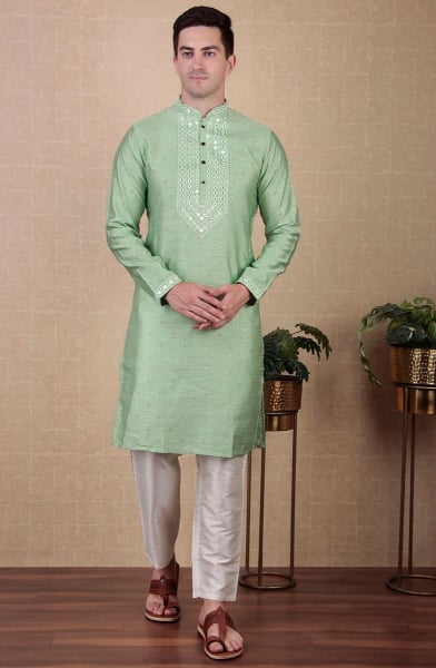 Mint Green Mirror Work Jacquard Silk Kurta Set