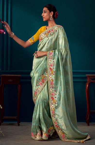 Mint Green Pure Banarasi Kanjivaram Silk Embroidered Saree