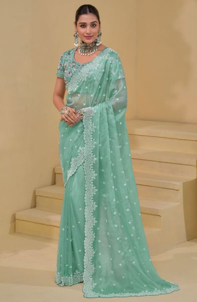 Mint Green Pure Banarasi Tuscany Designer Saree