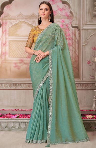 Mint Green Satin Silk Saree with Embroidered Blouse