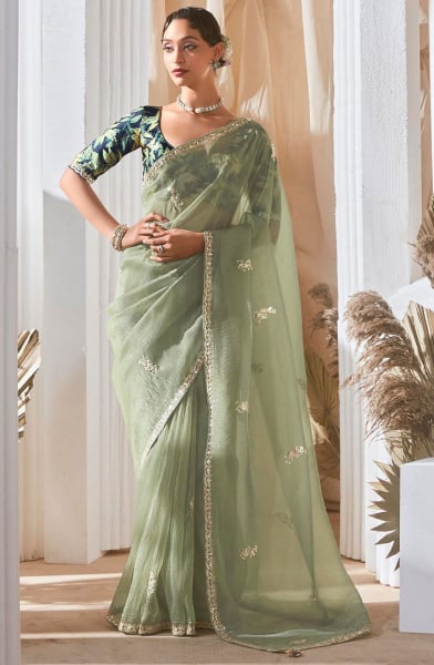 Mint Green Sequins Embroidered Tissue Organza Saree