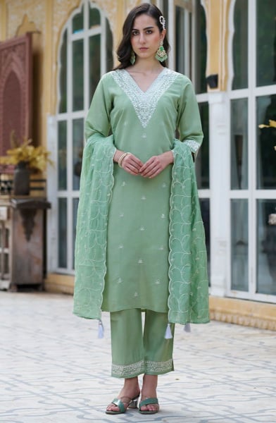 Mint Green Silk Blend Readymade Pant Kameez
