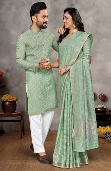 Mint Green Silk Festival Wear Couple Combo