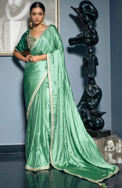 Mint Green Viscose Satin Saree with Embroidered Blouse