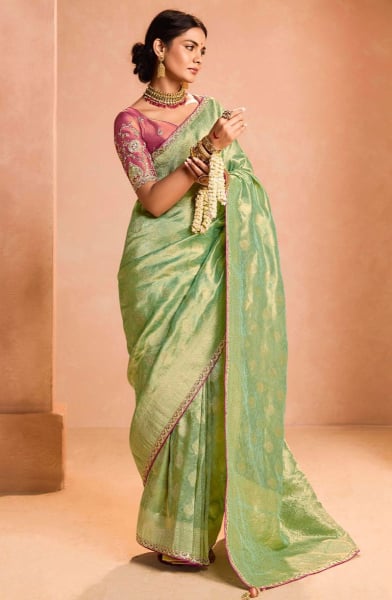 Mint Green Zari Tissue Silk Designer Saree