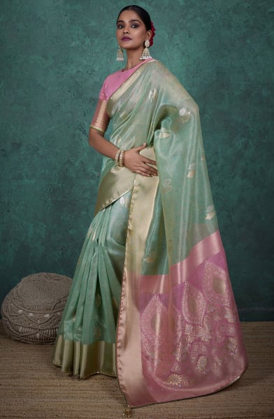 Mint Green Zari Woven Linen Blend Saree