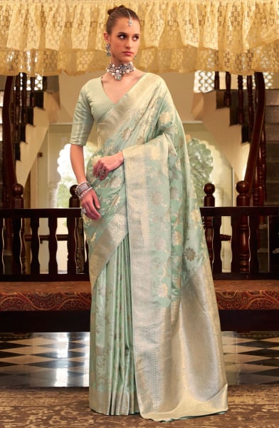 Mint Green Zari Woven Satin Silk Saree