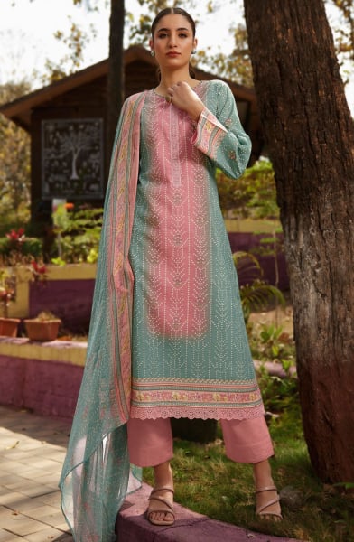 Mint Grey and Coral Pink Printed Pure Muslin Pant Kameez