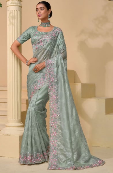 Mint Grey Embroidered Designer Pure Silk Saree