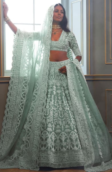 Mint Grey Embroidered Net Designer Lehenga Choli