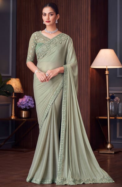 Mint Grey Embroidered Sequins Silk Designer Saree