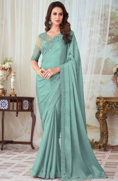 Mint Grey Silk Saree with Embroidered Blouse
