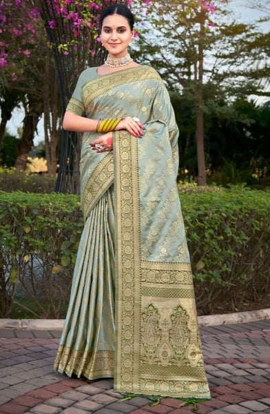 Mint Grey Woven Satin Silk Saree