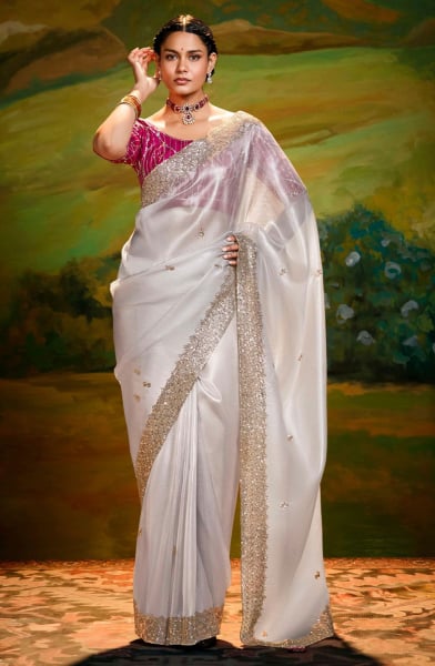 Moon White Embroidered Designer Saree for Wedding