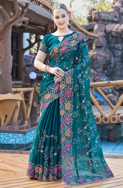 Morpeach Heavy Resham Embroidered Party Wear Saree