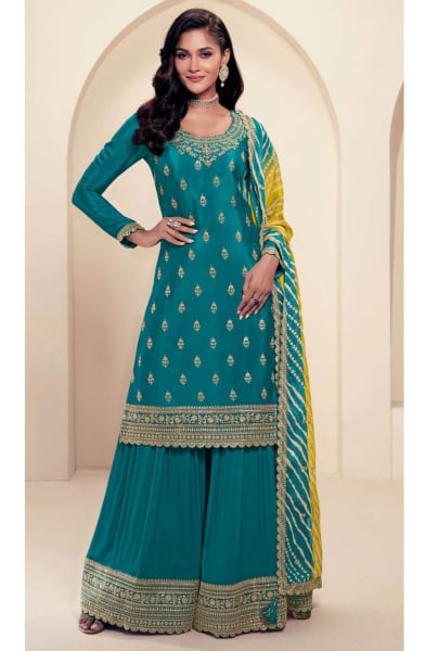 Morpich Embroidered Chinnon Palazzo Kameez for Festival