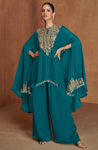 Morpich Embroidered Silk Kaftan with Palazzo