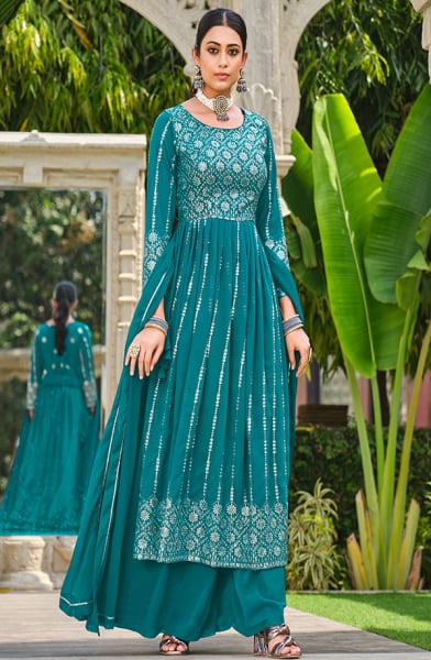 Morpich Sequins Embroidered Georgette Palazzo Kameez