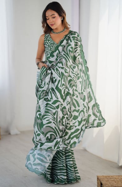 Moss Green and Off White Printed Chinnon Casual Wear Saree