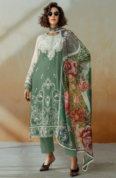 Moss Green and Off White Pure Muslin Suit
