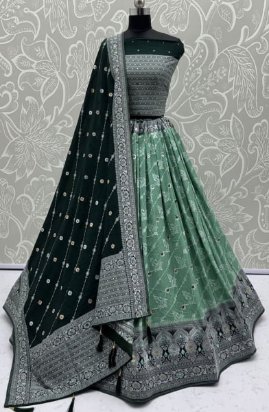 Moss Green Embellished Georgette Satin Lehenga Choli