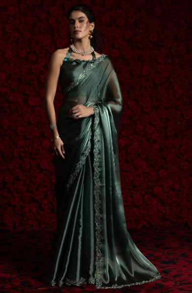 Moss Green Embellished Tissue Chiffon Saree