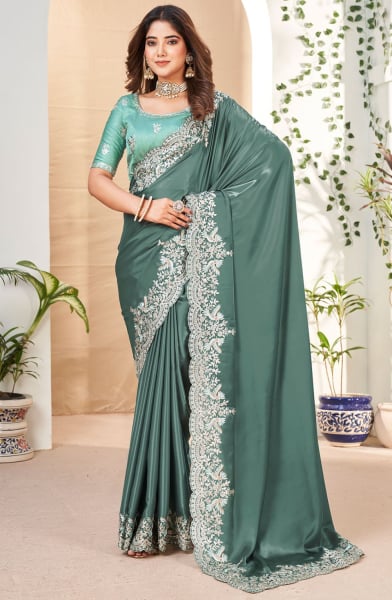 Moss Green Embroidered Georgette Designer Saree