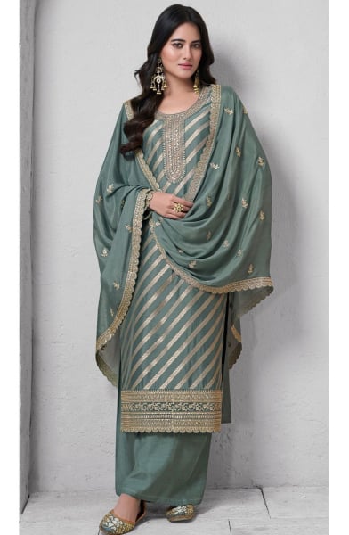 Moss Green Embroidered Lotus Silk Palazzo Kameez