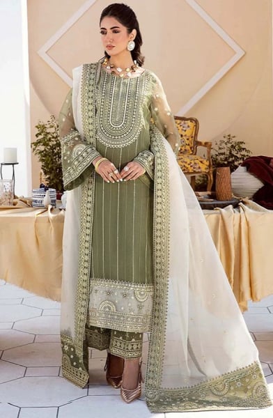 Moss Green Embroidered Organza Pant Kameez