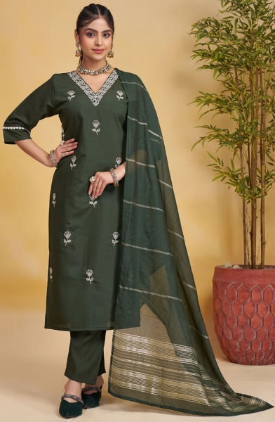 Moss Green Embroidered Roman Silk Readymade Suit