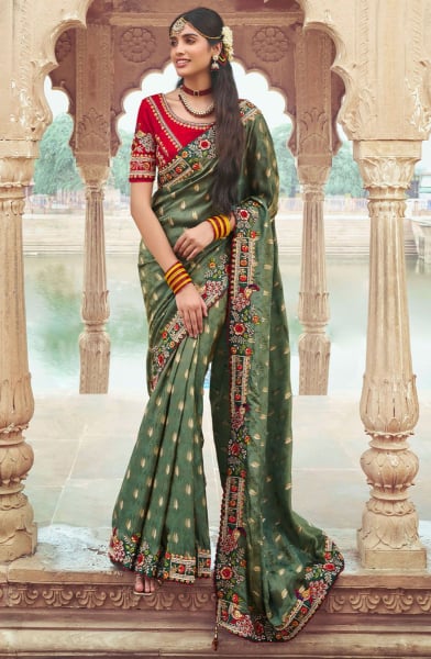 Moss Green Embroidered Silk Designer Saree