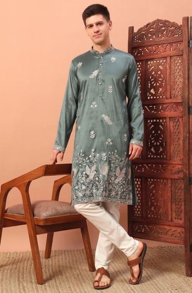 Moss Green Embroidered Silk Kurta Set